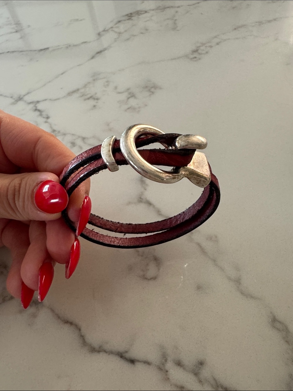Leather Wrap Bracelet with Silver-Tone Hook Closure - Red